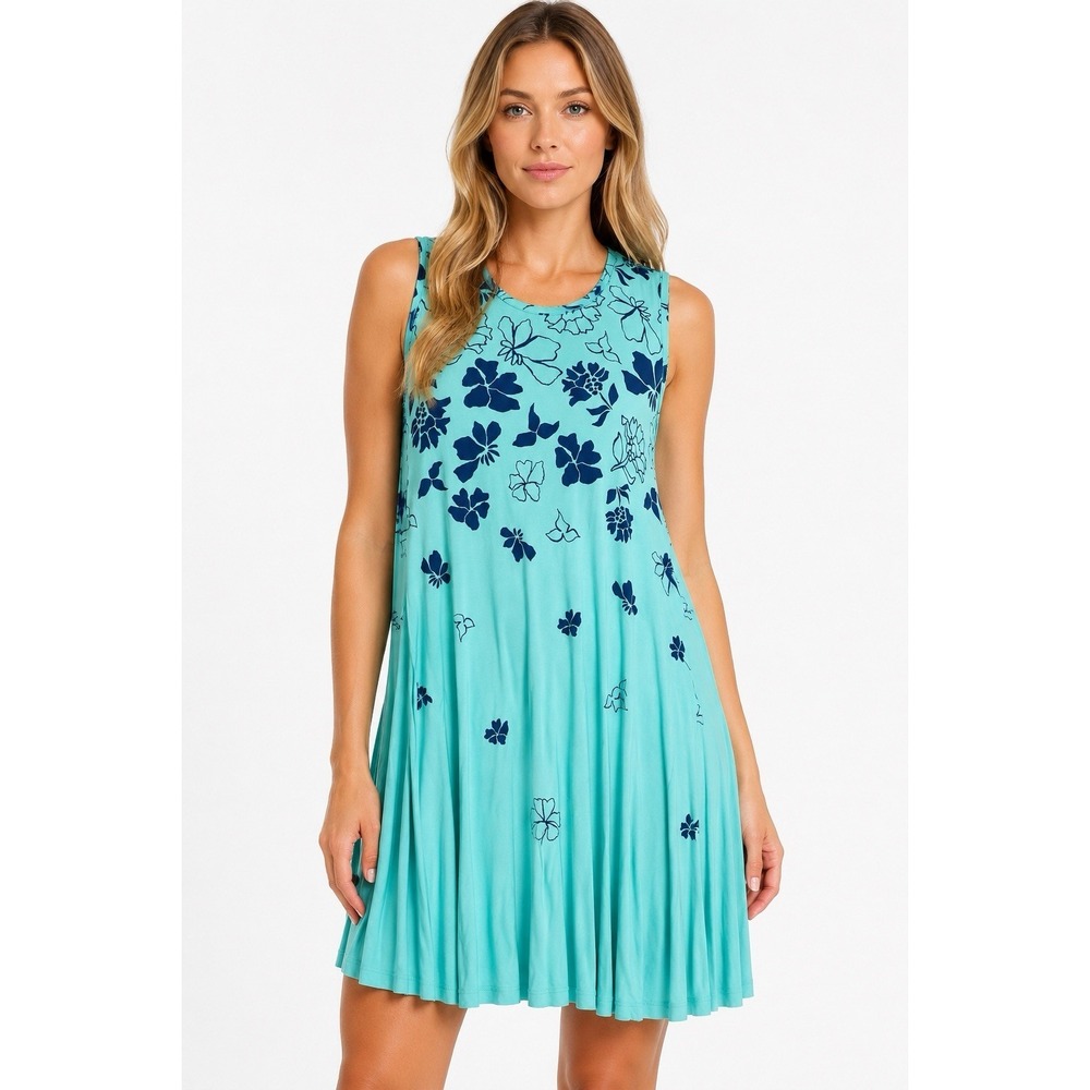 Style & Co Medium Sleeveless Floral Flip Flop Dress Soft Stretchy Fabric Aqua